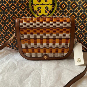 Tory Burch Emerson Woven Crossbody Bag Multicolor Orange White Tan Brown Gold